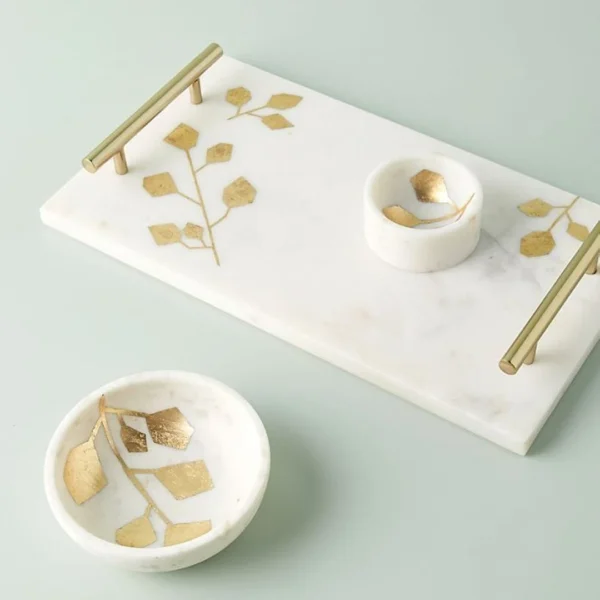 White Marble Tray with Gold Leaf Inlay