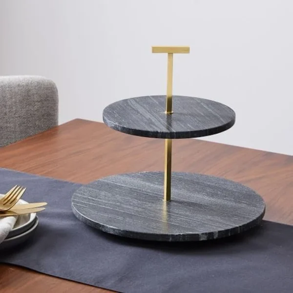 2-Tiered Black Marble Dessert Stand
